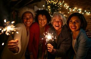 ai gerado seis amigos brilhando durante uma Natal festa com estrelinhas, foto
