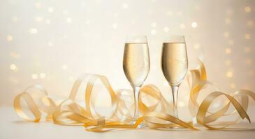 ai gerado dois óculos do champanhe e serpentinas com colori luzes é uma deslumbrante Novo anos foto