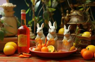 ai gerado três coelhos com uma garrafa do laranjas Próximo para eles, foto