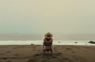 ai gerado mulher dentro chapéu sentado em de praia dentro frente do a mar foto