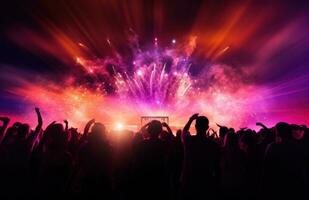 ai gerado jovem pessoas às a música festival com fogos de artifício, foto