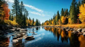 ai gerado uma calma rio enrolamento através uma floresta com vibrante outono folhagem e uma Claro azul céu acima foto