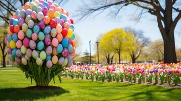 ai gerado uma pitoresco ao ar livre cena apresentando uma decorado Páscoa ovo árvore e colorida tulipas dentro flor foto