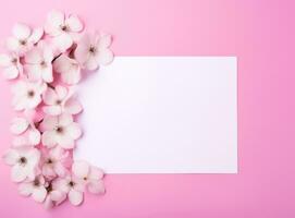 ai gerado em branco cartão com Rosa flores em Rosa fundo foto