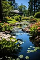 ai gerado uma tranquilo jardim com uma pequeno lago, colorida flores, e uma Claro azul céu dentro a fundo foto