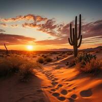 ai gerado uma pacífico deserto panorama com areia dunas, uma vívido laranja pôr do sol, e uma poucos cactos dentro a primeiro plano foto