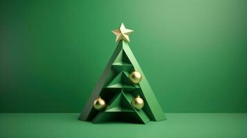 ai gerado uma triângulo Natal árvore dentro uma 3d Renderização em uma verde fundo foto