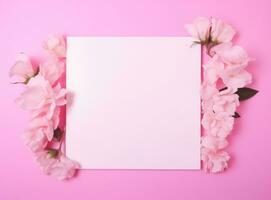 ai gerado quadro, Armação com Rosa flores e em branco Folha em uma Rosa fundo foto