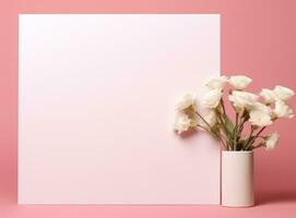 ai gerado branco em branco papel quadrado e Rosa flores foto