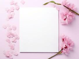 ai gerado branco em branco papel quadrado e Rosa flores foto