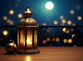 ai gerado Ramadã lanterna fundo com lua uma lanterna e crescente lua foto