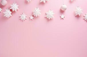 ai gerado branco Natal decorações arranjado dentro uma círculo em uma Rosa fundo foto