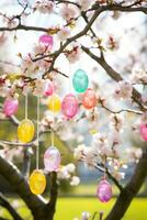 ai gerado uma deslumbrante foto do uma florescendo cereja Flor árvore com colorida Páscoa ovos suspensão a partir de Está galhos