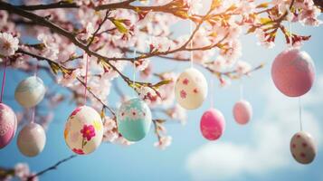 ai gerado uma deslumbrante foto do uma florescendo cereja Flor árvore com colorida Páscoa ovos suspensão a partir de Está galhos