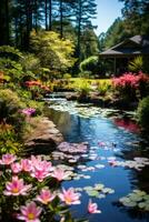 ai gerado uma tranquilo jardim com uma pequeno lago, colorida flores, e uma Claro azul céu dentro a fundo foto