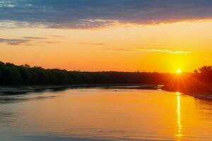 ai gerado dourado hora pôr do sol em a lago. pró foto