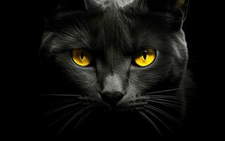 ai gerado a focinho do uma Preto gato com amarelo olhos. a face do uma gato. foto