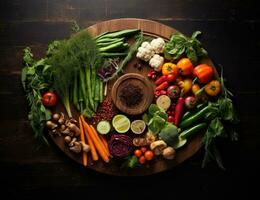 ai gerado fresco legumes em uma de madeira borda. legumes em uma borda foto