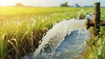 ai gerado irrigação inovação - água fluxo a partir de ampla bomba tubo dentro arroz campo foto