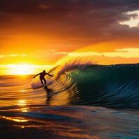 ai gerado uma surfista equitação uma onda dentro a oceano, com a Sol configuração atrás eles foto