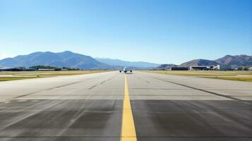 ai gerado panorâmico Visão do a aeroporto pista com aviões estacionado e dentro movimento foto