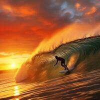 ai gerado uma surfista equitação uma onda dentro a oceano, com a Sol configuração atrás eles foto