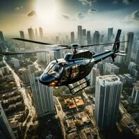 ai gerado uma helicóptero pairando sobre uma paisagem urbana, com arranha-céus e ocupado ruas abaixo foto