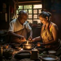 ai gerado uma tocante estoque foto do a velho casal cozinhando café da manhã juntos dentro seus tradicional cozinha