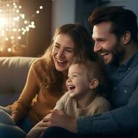 ai gerado uma jovem família do três, com uma bebê dentro a do pai braços, assistindo uma comédia mostrar em televisão foto