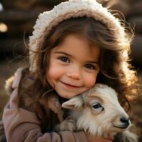 ai gerado a adorável tiro do uma pequeno menina abraçando uma bebê cabra, ambos do eles olhando para dentro a Câmera foto