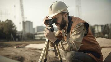 ai gerado inteligente Civil arquiteto engenheiro inspecionando e trabalhando ao ar livre estrutura construção local com projetos. Engenharia e arquitetura conceito foto