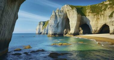 ai gerado a majestoso giz falésias com uma natural arco aquecendo dentro brilho do sol de a azul mar foto