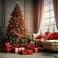 acolhedor vivo quarto com lindo Natal árvore e vermelho presentes dentro moderno interior. interior do vivo quarto decorado para alegre Natal com meias, presente caixas e Natal acessórios de ai gerado foto