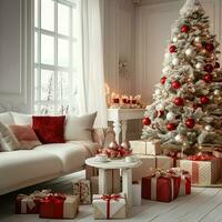 acolhedor vivo quarto com lindo Natal árvore e vermelho presentes dentro moderno interior. interior do vivo quarto decorado para alegre Natal com meias, presente caixas e Natal acessórios de ai gerado foto