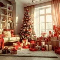 acolhedor vivo quarto com lindo Natal árvore e vermelho presentes dentro moderno interior. interior do vivo quarto decorado para alegre Natal com meias, presente caixas e Natal acessórios de ai gerado foto