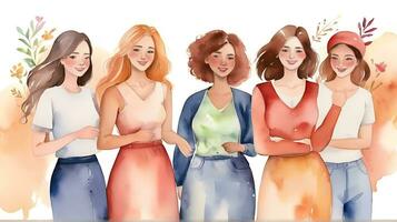 ai gerado feliz mulheres grupo para internacional mulheres dia , aguarela estilo ilustração feliz mulheres dia foto