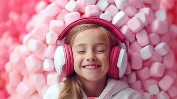 ai gerado feliz pequeno menina com fones de ouvido em uma Rosa fundo. infância, tecnologia e humano conceito. foto