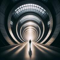 ai gerado homem anda em para a luz dentro uma volta futurista túnel dentro a forma do uma anel foto