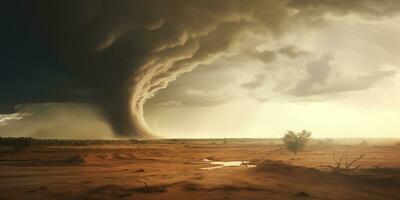 ai gerado dramático panorama com tornado dentro deserto área foto