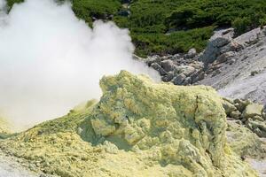 fumar solfatara dentro uma fumarola campo em a declive do a Mendeleev vulcão foto