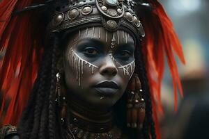 ai gerado retrato do uma lindo africano mulher dentro a mascarar do a antigo Guerreiro foto