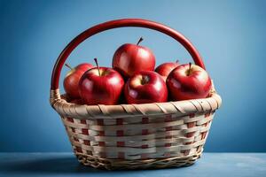 ai gerado uma cesta cheio do vermelho maçãs em uma azul fundo foto