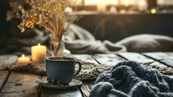 ai gerado em uma de madeira mesa lá é uma copo do café, aceso velas, uma cinzento suéter, e uma vaso do seco flores foto