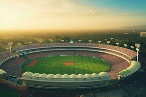 ai gerado aéreo estabelecendo tiro do uma todo estádio com futebol campeonato corresponder. equipes jogar, multidão do fãs alegrar. Esportes conceito. foto