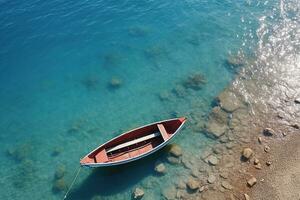 ai gerado aéreo zangão topo baixa foto do lindo vermelho de madeira tradicional pescaria barco ancorado dentro cristal Claro mar