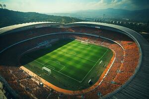 ai gerado aéreo estabelecendo tiro do uma todo estádio com futebol campeonato corresponder. equipes jogar, multidão do fãs alegrar. Esportes conceito. foto