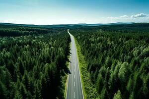 ai gerado aéreo Visão do uma estrada dentro a meio do a floresta foto