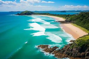 ai gerado aéreo panorama Visão do tropical verão Palma árvores sombras em arenoso costa oceano ondas respingo colidir. lindo topo Visão ensolarado mar costa, exótico surpreendente natureza panorama foto