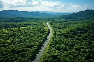 ai gerado aéreo Visão do uma estrada dentro a meio do a floresta foto