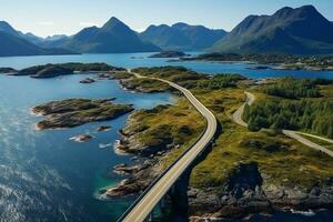 ai gerado aéreo Visão do estrada sobre azul lago água e verde madeiras lindo verão panorama. foto